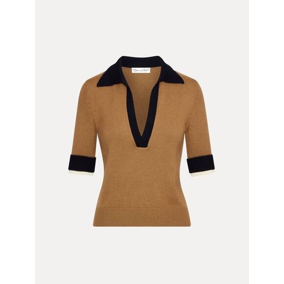 OSCAR DE LA RENTA Short Sleeve Color Block Pullover Top in Walnut Navy XS - Picture 5 of 5